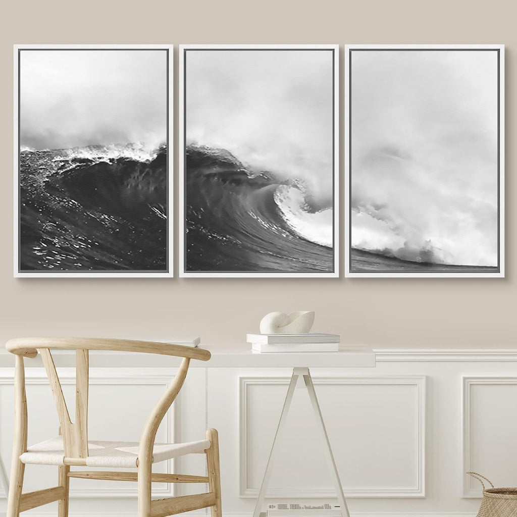SIGNWIN Framed Canvas Print Wall Art Set Black & White Ocean Beach Waves Nature Wilderness Photography Modern Art Rustic Landscape Relax/Calm for Living Room, Bedroom, Office - 16'x24'x3 White
