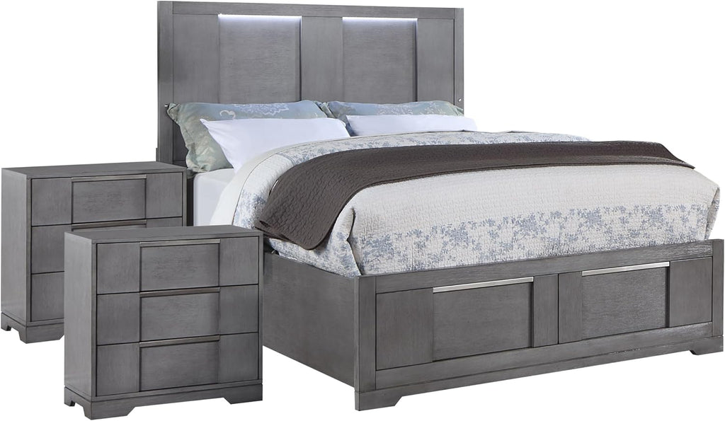 Furniture of America Del Rio Wood Frame 3-Piece Bedroom Set, California King-Size Bed with Lighted Headboard & Drawers and 2 Nightstands, Mattress Ready, Gray