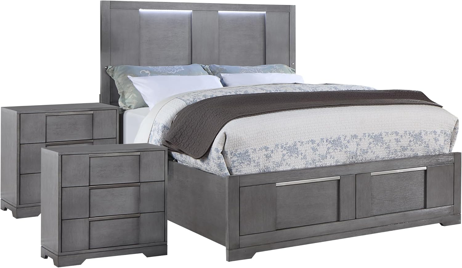 Furniture of America Del Rio Wood Frame 3-Piece Bedroom Set, California King-Size Bed with Lighted Headboard & Drawers and 2 Nightstands, Mattress Ready, Gray