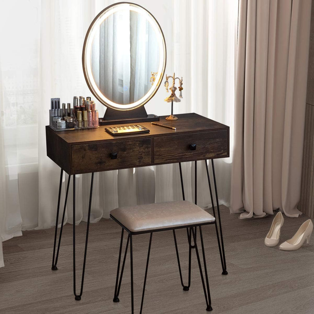 Byroce Vanity Desk with Lighted Mirror, 3 Color Lighting Modes, Adjustable Brightness, 2 Large Drawers & Acrylic Storage Box, Makeup Vanity Table with Cushioned Stool for Bedroom (Rustic Brown)