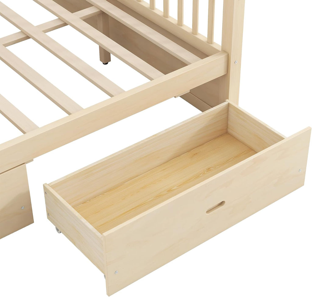 Merax Queen Size Canopy Bed with Storage, Solid Wood Four Posters Bed Frame with Drawers, No Box Spring Needed, Natural