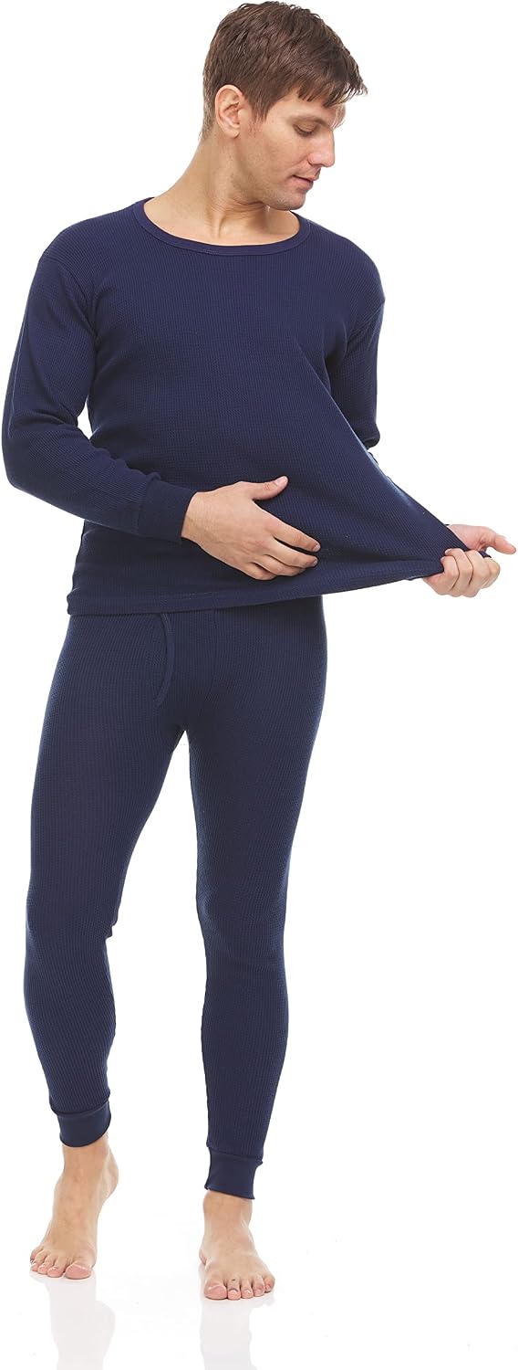 6 Pack of 2pc Thermal Sets for Men, Base Layer Long Johns Underwear, Top & Bottom, Cotton, Solid Colors
