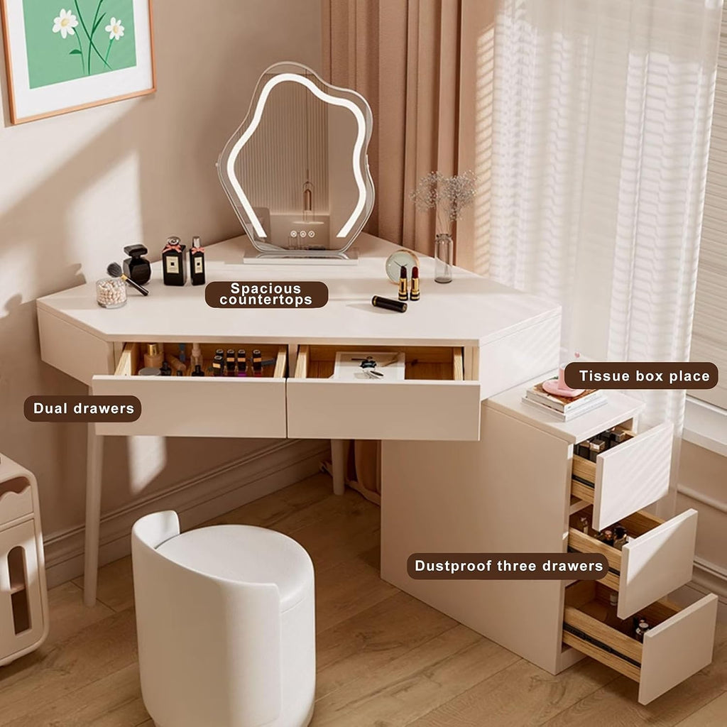 UPGENT Corner Vanity Set with Lighted Mirror, Corner Dressing Table with Stool, Makeup Dressing Table with Drawers, Cabinet and Cushioned Stool for Bedroom Dressing Room