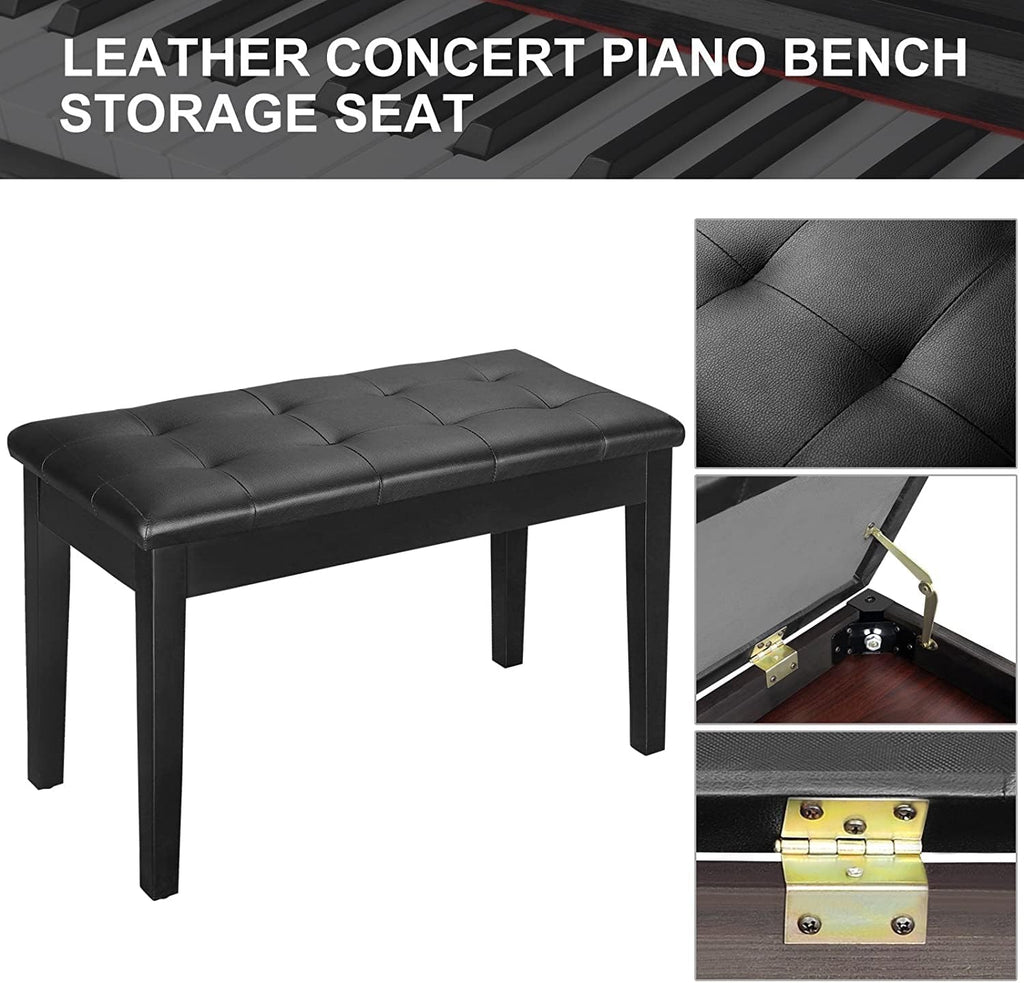 Setting Piano Bench with Storage Compartment, Thick Padded Leather Cushion Keyboard Bench for Music Books, Vanity Stool, Tufted Wooden Seat, 29x13x19 Inches (440LB Capacity) (Black)