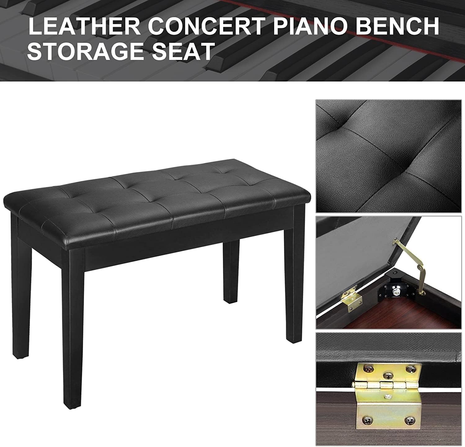 Setting Piano Bench with Storage Compartment, Thick Padded Leather Cushion Keyboard Bench for Music Books, Vanity Stool, Tufted Wooden Seat, 29x13x19 Inches (440LB Capacity) (Black)