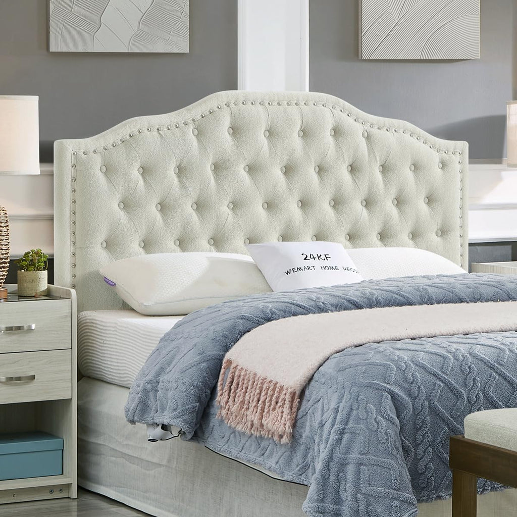 24KF Upholstered Button Tufted Queen Headboard with Nailhead Trim, Elegant Boucle Fabric Full headboard, 6031-Q-Boucle-Beige