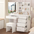Homsee Vanity Desk Set Makeup Table with Large Sliding Lighted Mirror, Power Strip & Hair Dryer Holder, Modern Dressing Table with Drawers, Storage Shelves & Stool for Bedroom, White