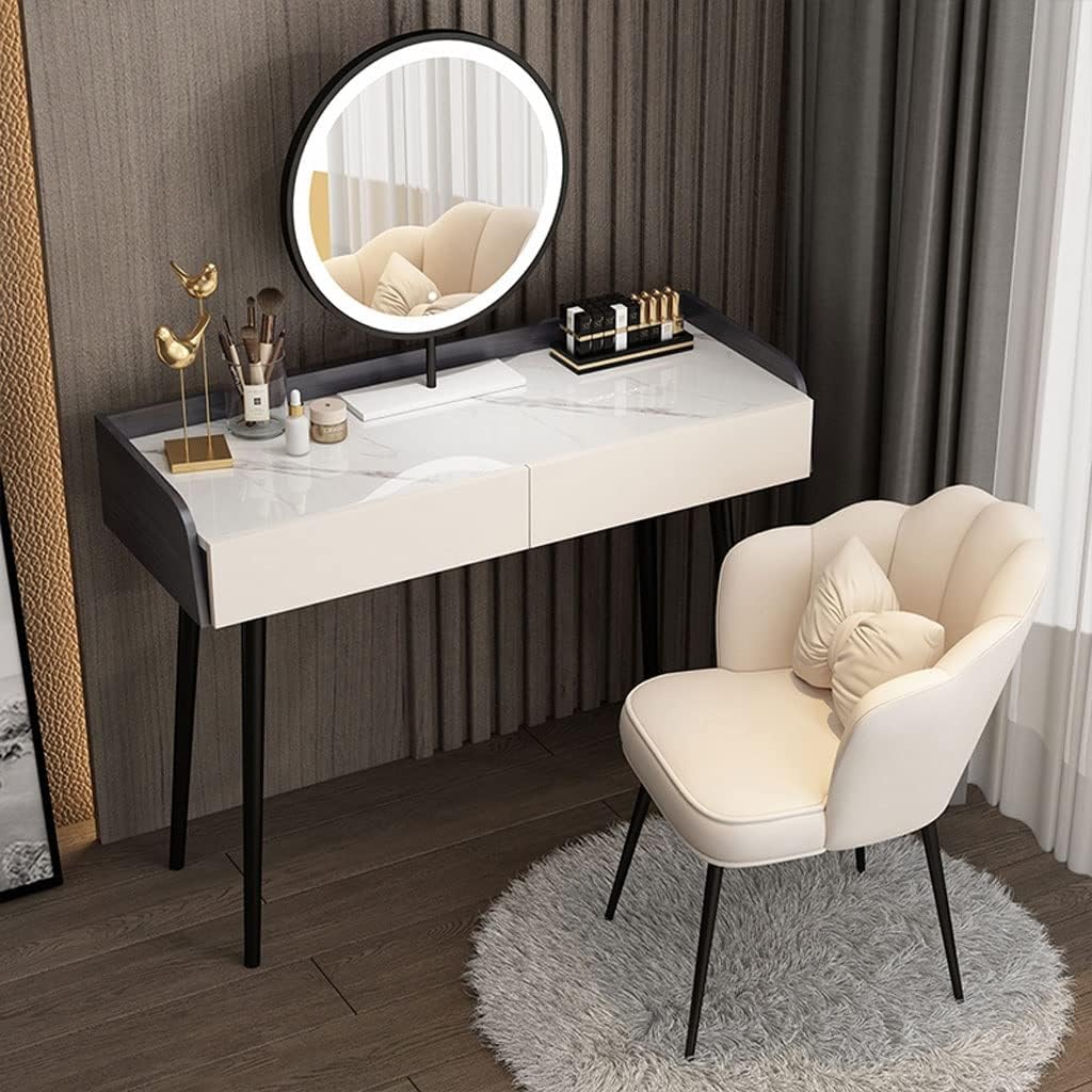 Vanity Benches Dresser Bedroom Modern Minimalist Makeup Table All-in-one Storage Cabinet with LED Round Mirror and Stool (Color : A)