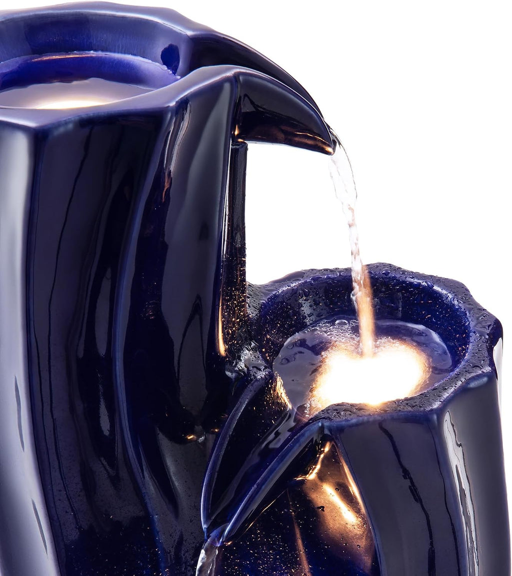Glitzhome 30' Tall Outdoor Water Fountain with LED Light, Pump & Adapter, 4-Tier Cobalt Blue Wavy Texture Ceramic Cascading Garden Fountains Waterfalls for Porch Deck Patio Backyard
