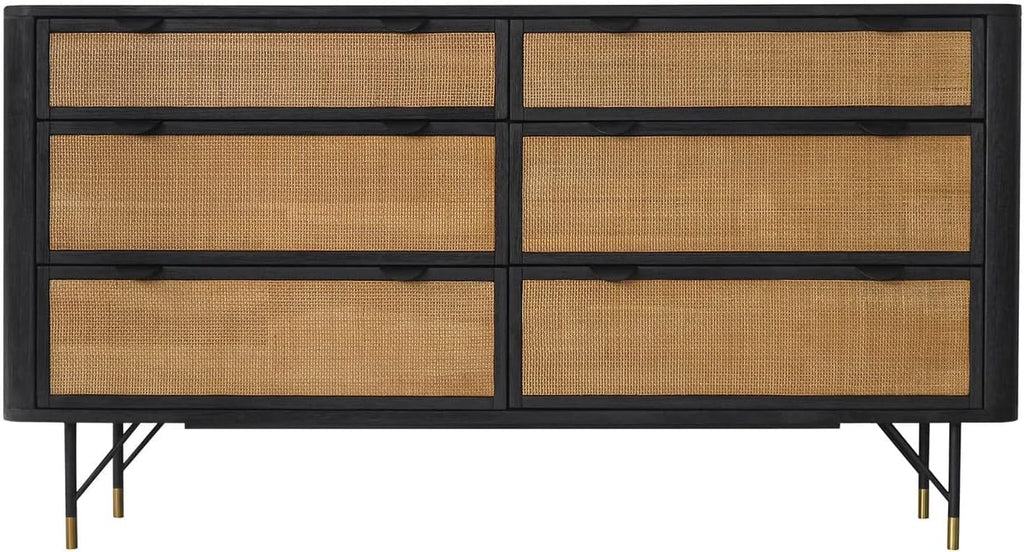 Armen Living Saratoga 4 Piece King Bedroom Set in Black Acacia Wood and Rattan