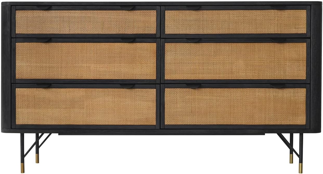 Armen Living Saratoga 4 Piece King Bedroom Set in Black Acacia Wood and Rattan