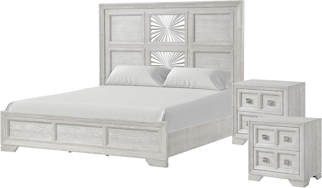 Furniture of America Narella Modern Wood 3-Piece Bedroom Set with Sunburst Pattern, Nickel Brushed Wire Hardware, Felt-Lined Top Drawers, Bracketed Feet, Box Spring Needed, Queen, Light Gray