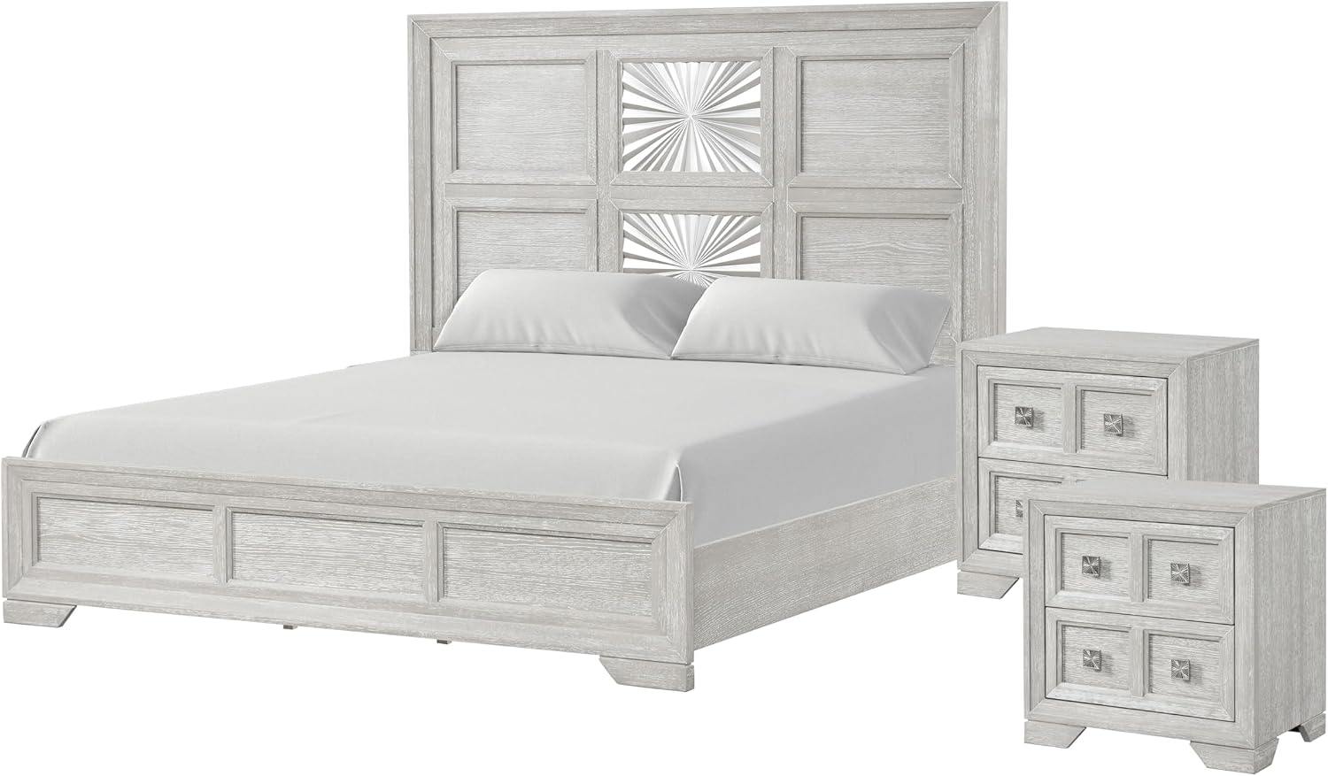 Furniture of America Narella Modern Wood 3-Piece Bedroom Set with Sunburst Pattern, Nickel Brushed Wire Hardware, Felt-Lined Top Drawers, Bracketed Feet, Box Spring Needed, Queen, Light Gray