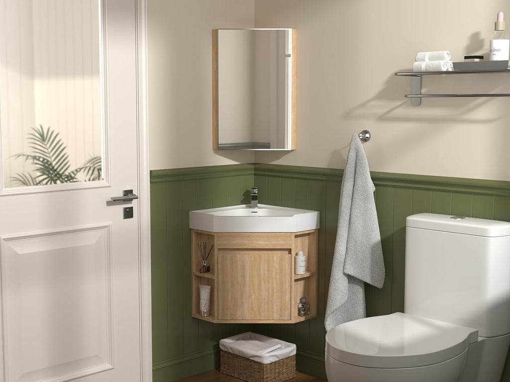 Tennant Brand 18 Inch Wall Mount Corner Bathroom Vanity with Matte Solid Surface (Light Oak)
