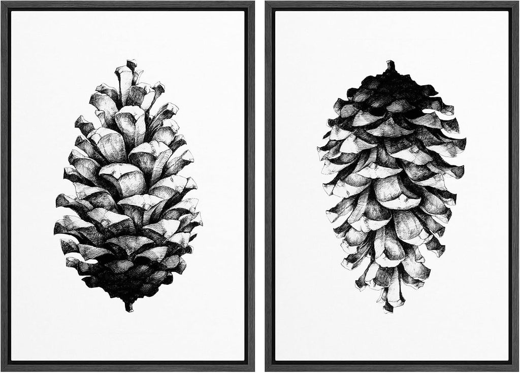 SIGNWIN Framed Canvas Print Wall Art Set Black & White Forest Woodland Pinecone Nature Wilderness Illustrations Modern Art Relax/Calm for Living Room, Bedroom, Office - 24'x36'x2 Black