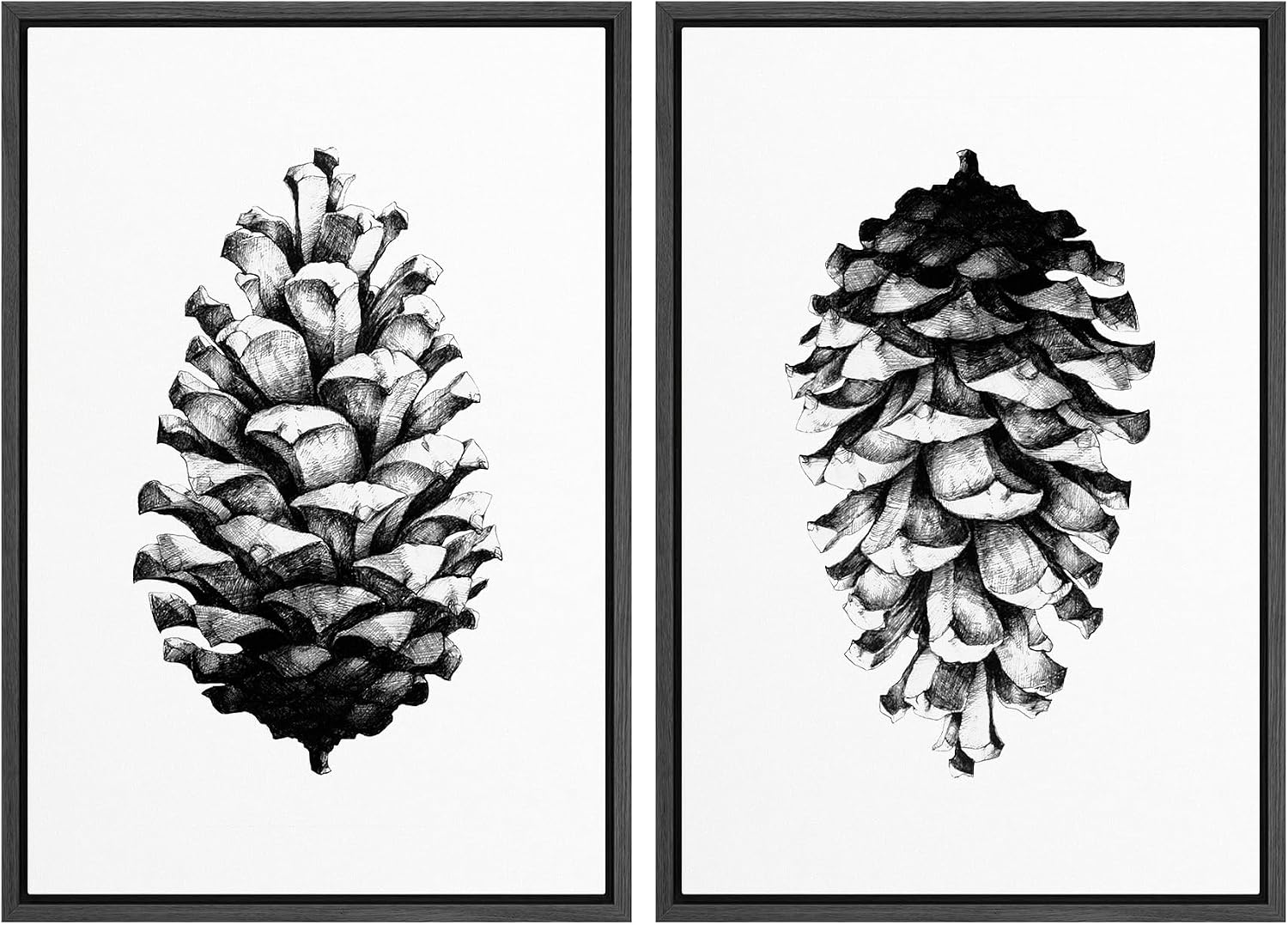 SIGNWIN Framed Canvas Print Wall Art Set Black & White Forest Woodland Pinecone Nature Wilderness Illustrations Modern Art Relax/Calm for Living Room, Bedroom, Office - 24'x36'x2 Black