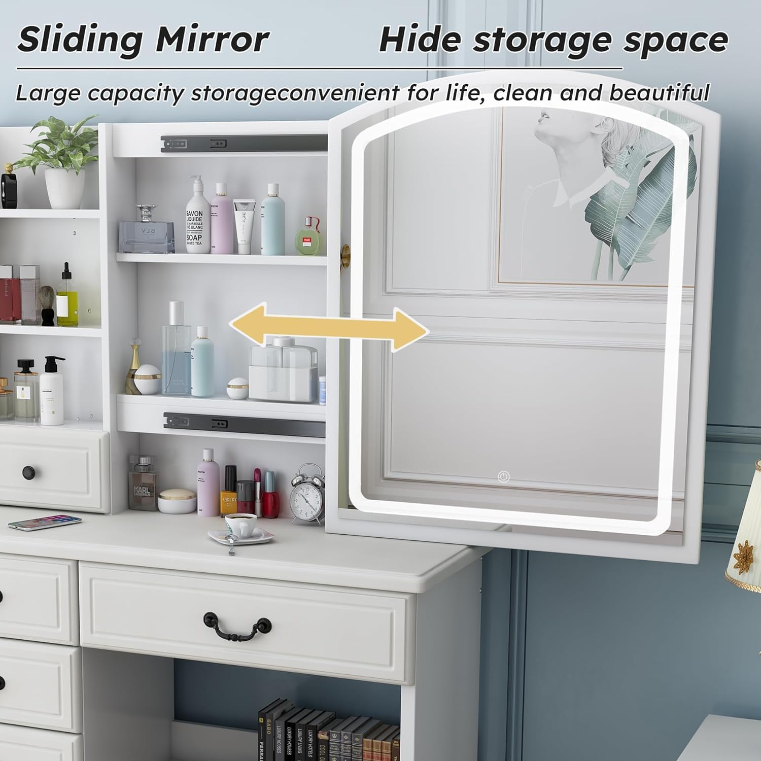 Makeup Vanity Desk with Mirror and Lights, Vanity Table Set with Storage Drawer & Chair & 3 Shelves, 3 Lighting Colors, Adjustable Brightness White Makeup Vanity with Lights (Large)
