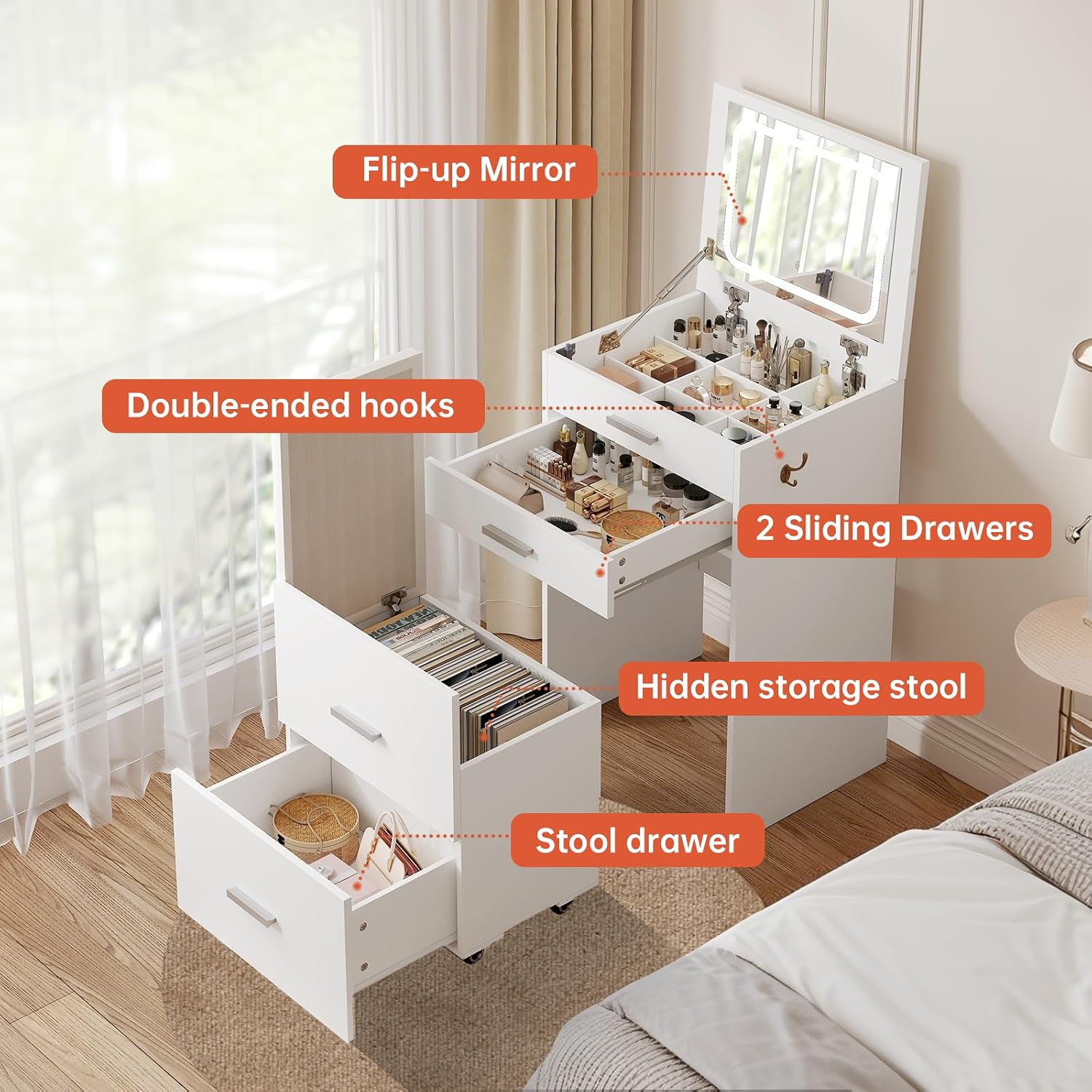 3 in 1 Vanity Desk with Flip Top Mirror, Compact Vanity with 3 Drawers, Makeup Desk with 3 Colors Lights and Storage Cushioned Stool, Dressing Table Nightstand Perfect for Bedroom, White