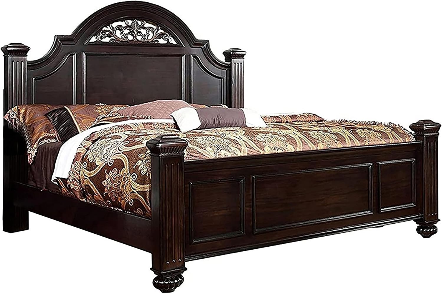 Furniture of America Malierd Transitional Fluted Poster King-Size Panel Bed, Box Spring Required for Bedroom, Guest Room Bed, Dark Walnut Brown