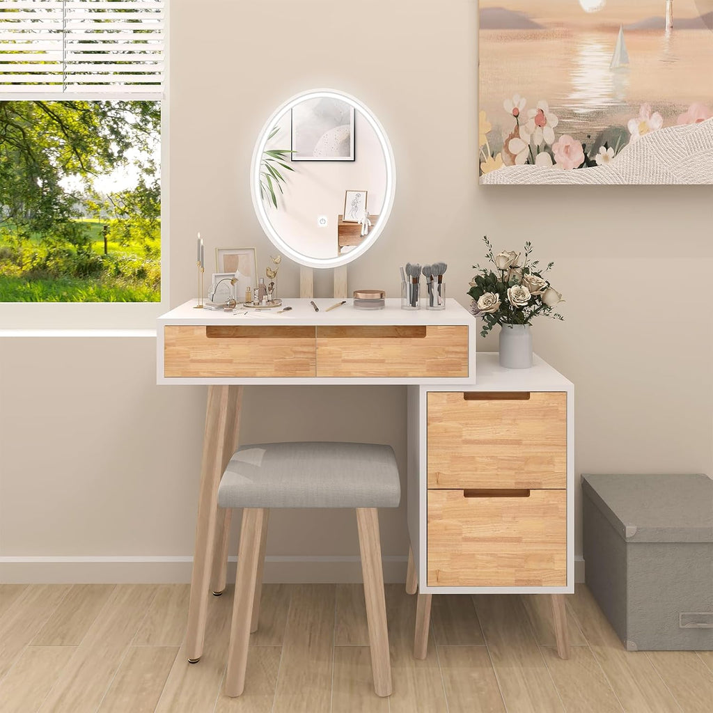 YOURLITE Makeup Vanity Desk with Lighted Mirror, 3 Color Modes & Dimmable LED Lights, Small Dressing Table with 4 Drawers and Storage, Ideal for Bedroom, Bathroom