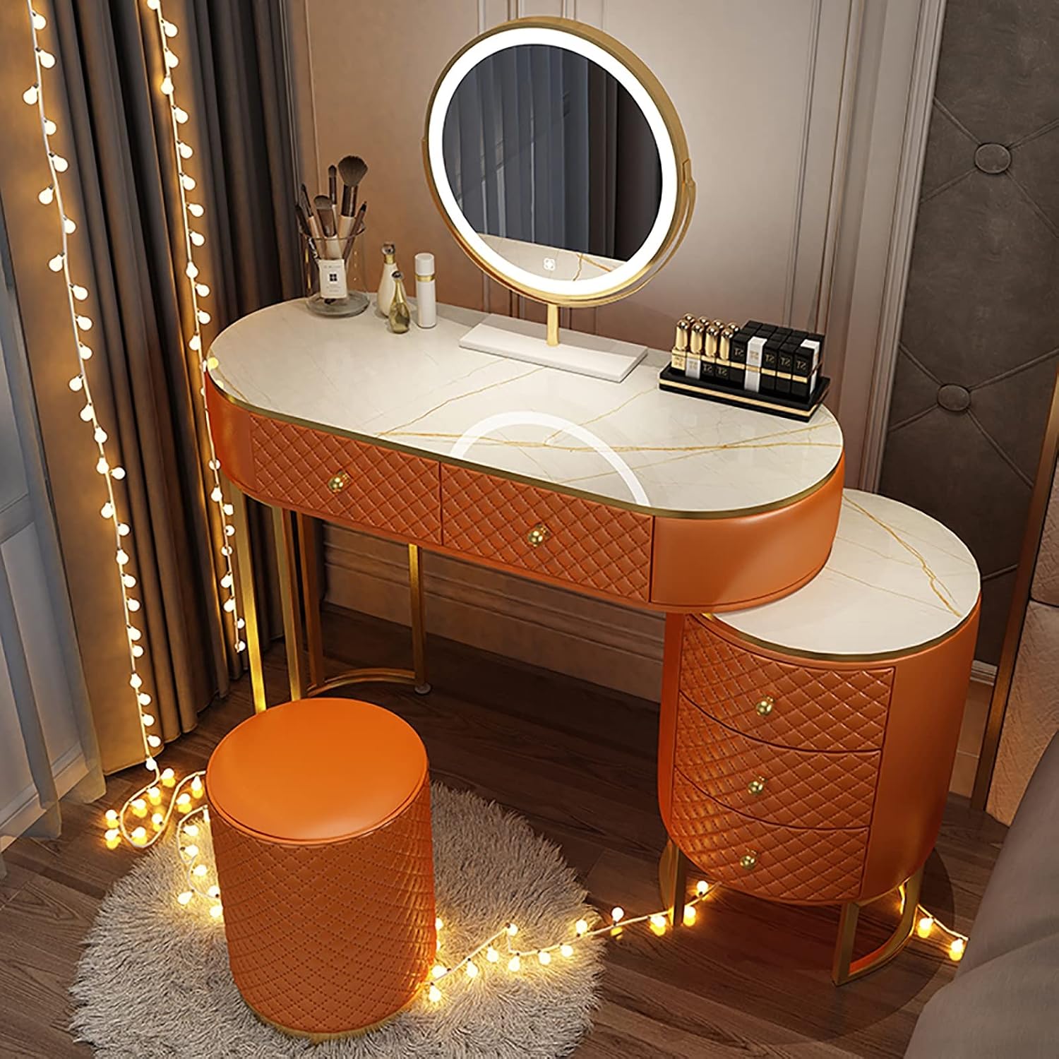Corner Makeup Table Set Makeup, Women Dresser Table Vanity with 5-6 Drawers, Vanity Dressing Table with 360° Rotating Mirror, Makeup Vanity Benches Vanity Desk(100cm,Orange)