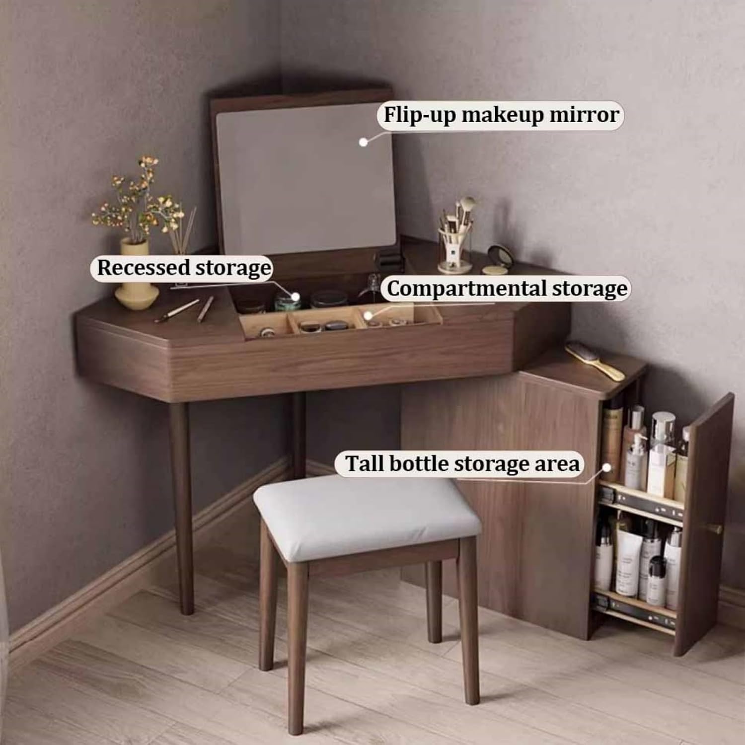 Corner Vanity Desk, Modern Dressing Table with Flip Top Mirror, Compact Vanity with Drawers, Natural Oak Makeup Table for Checkroom Apartment Bedroom Makeup Room(White)