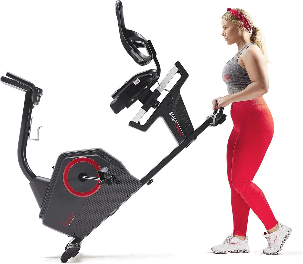 Sunny Health & Fitness Smart Recumbent Bike with Pulse Sensors, Home Cycling Workout Machine w/Cushion Seat & Mesh-Backrest, Free SunnyFit App Connection