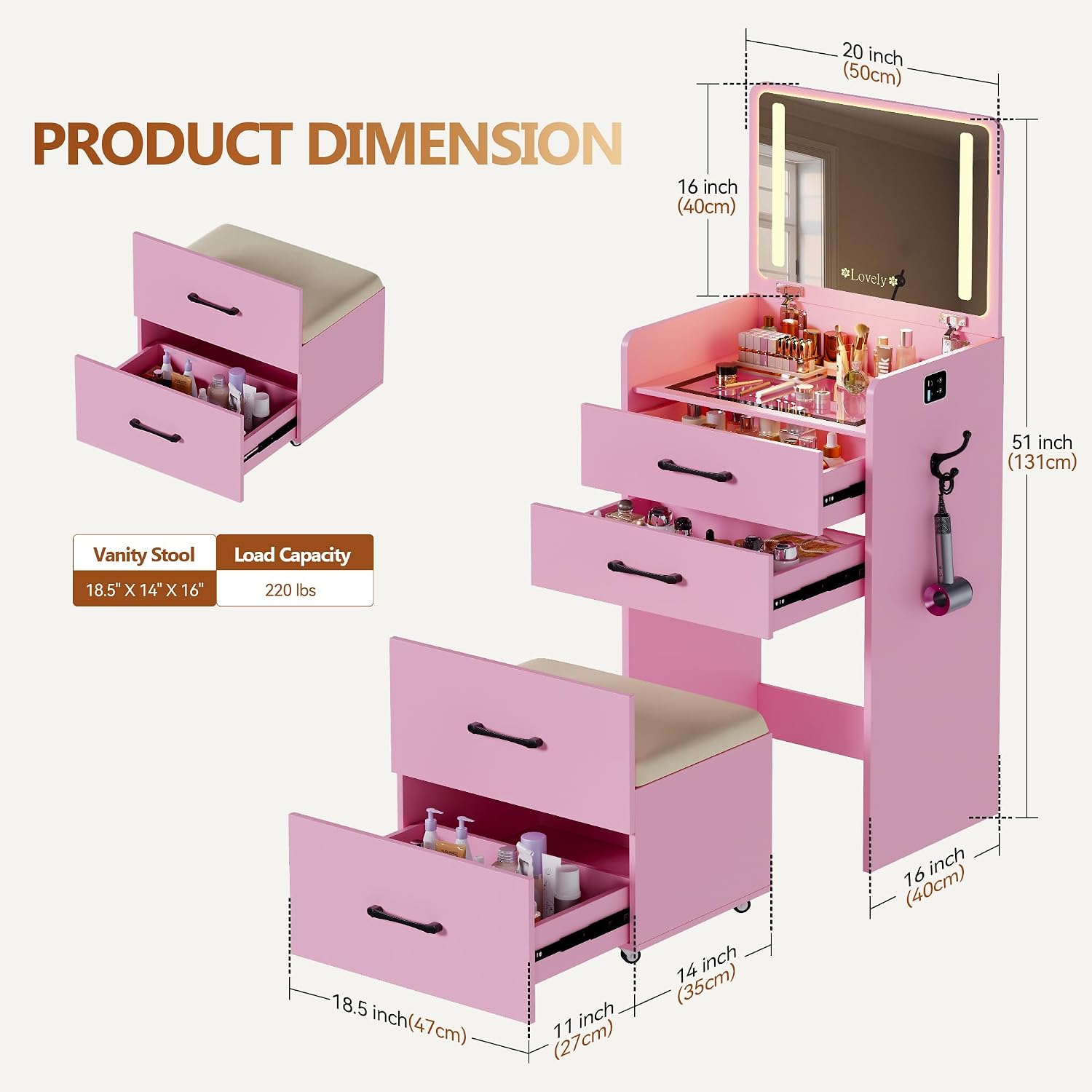 3 in 1 Vanity Desk with Flip up Mirror and Lights, Glass Top Makeup Vanity Table with Charging Station,LED Compact Dressing Table with 3 Drawer and Wheel Storage Stool for Bedroom(Pink)