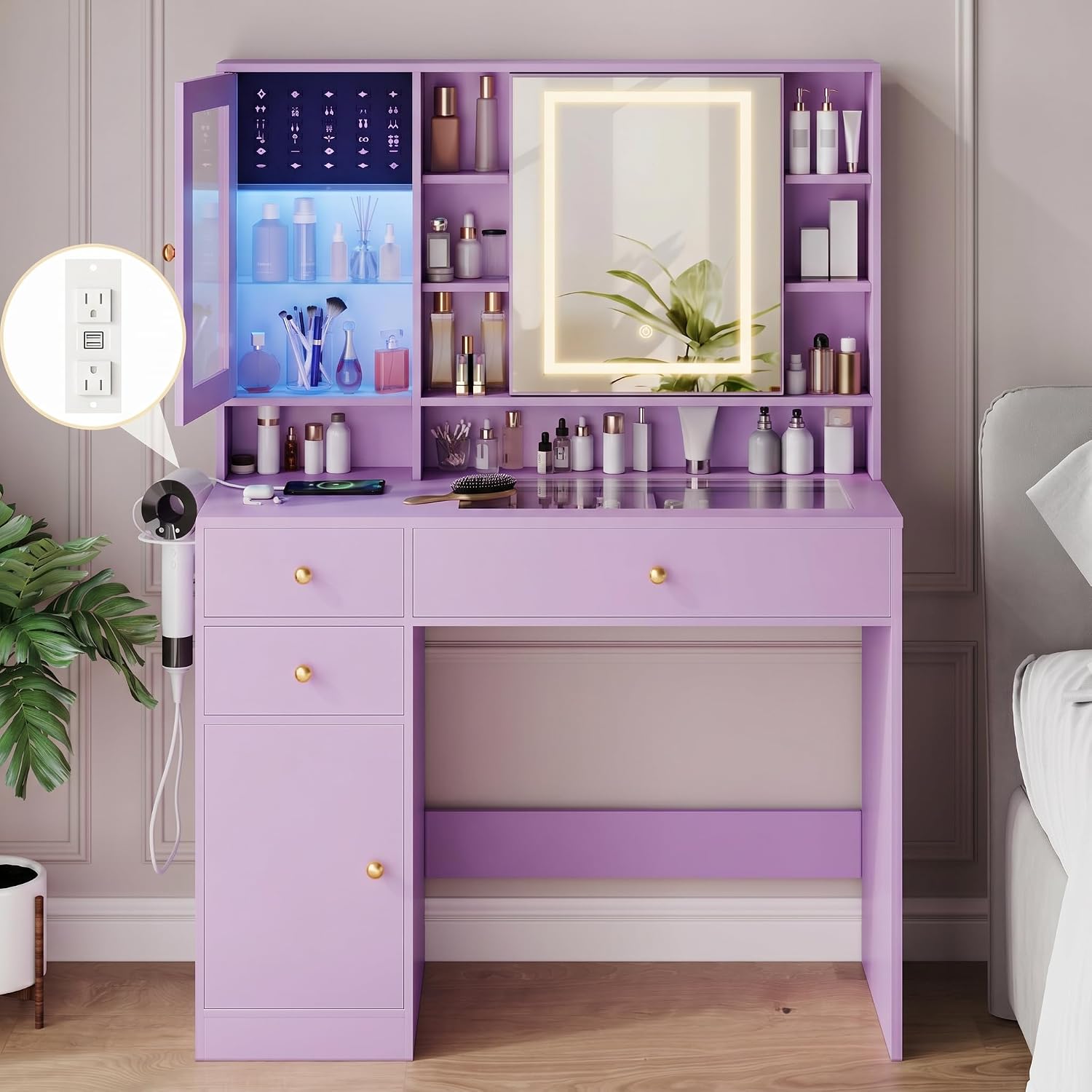 Makeup Vanity Desk with Mirror and Lights, Purple Vanity with Glass Top, Jewelry Storage, Power Outlets, 3 Drawers & 2 Cabinets, Adjustable LED Lighting, Dressing Table for Women & Girls Bedroom