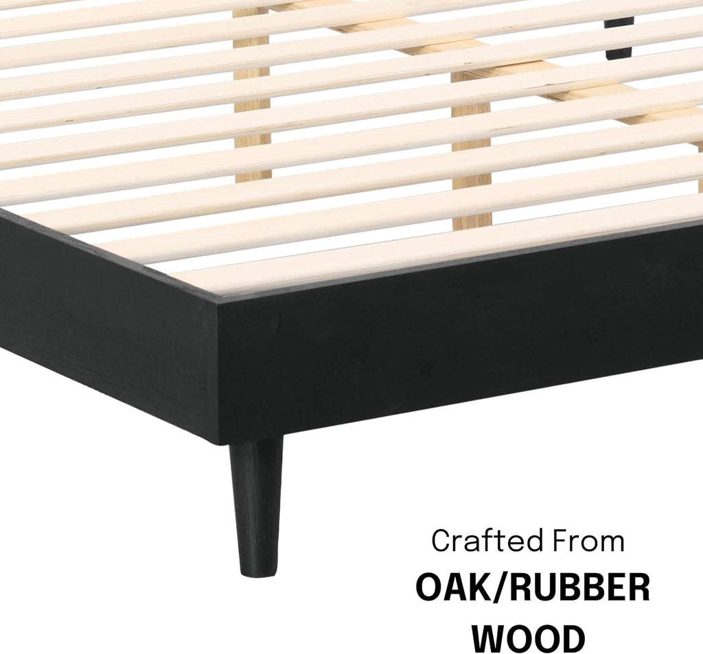 NTC Fly Wooden Bed Frame Without Headboard, Solid Oak and Rubber Wood Foundation with Silent Slats and Wood Central Supports, 1000 Lb Capacity, Effortless Assembly, Queen - Burnt Black