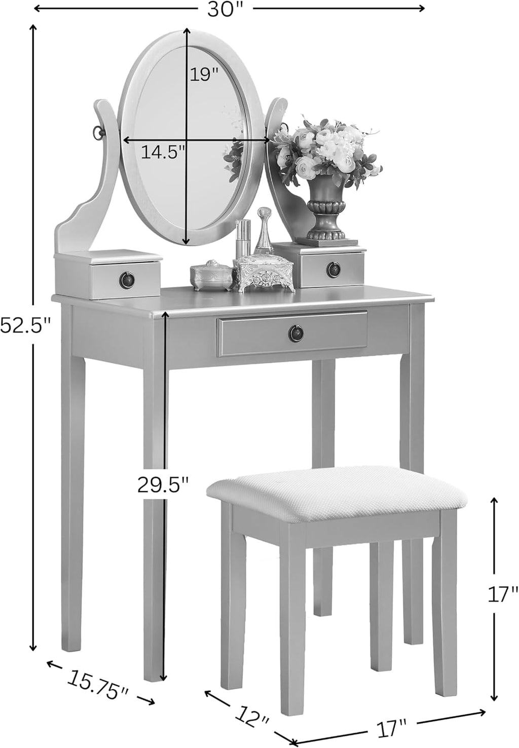 Roundhill Furniture Moniys Wood Makeup Vanity Table and Stool Set, Blue