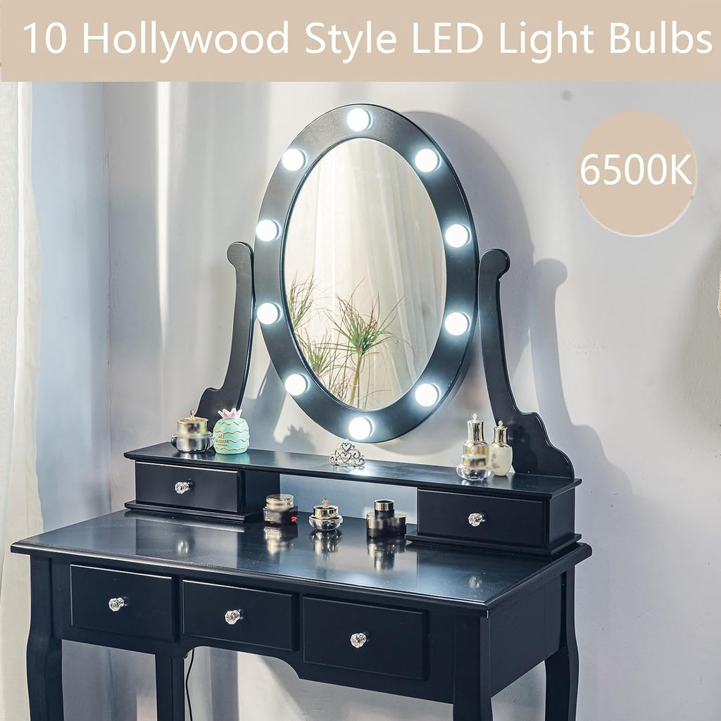 Vanity Desk, Vanity Mirror with Lights and Table Set with 5 Drawers, Wood Makeup Dressing Table with Oval Mirror & Stool for Bedroom Women Girls，Black