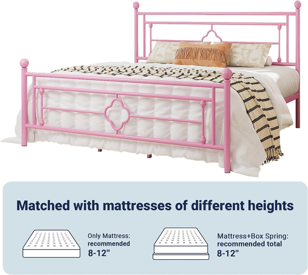 Allewie King Size Metal Platform Bed Frame with Victorian Vintage Headboard and Footboard/Mattress Foundation/Under Bed Storage/No Box Spring Needed/Noise-Free/Easy Assembly, Pink