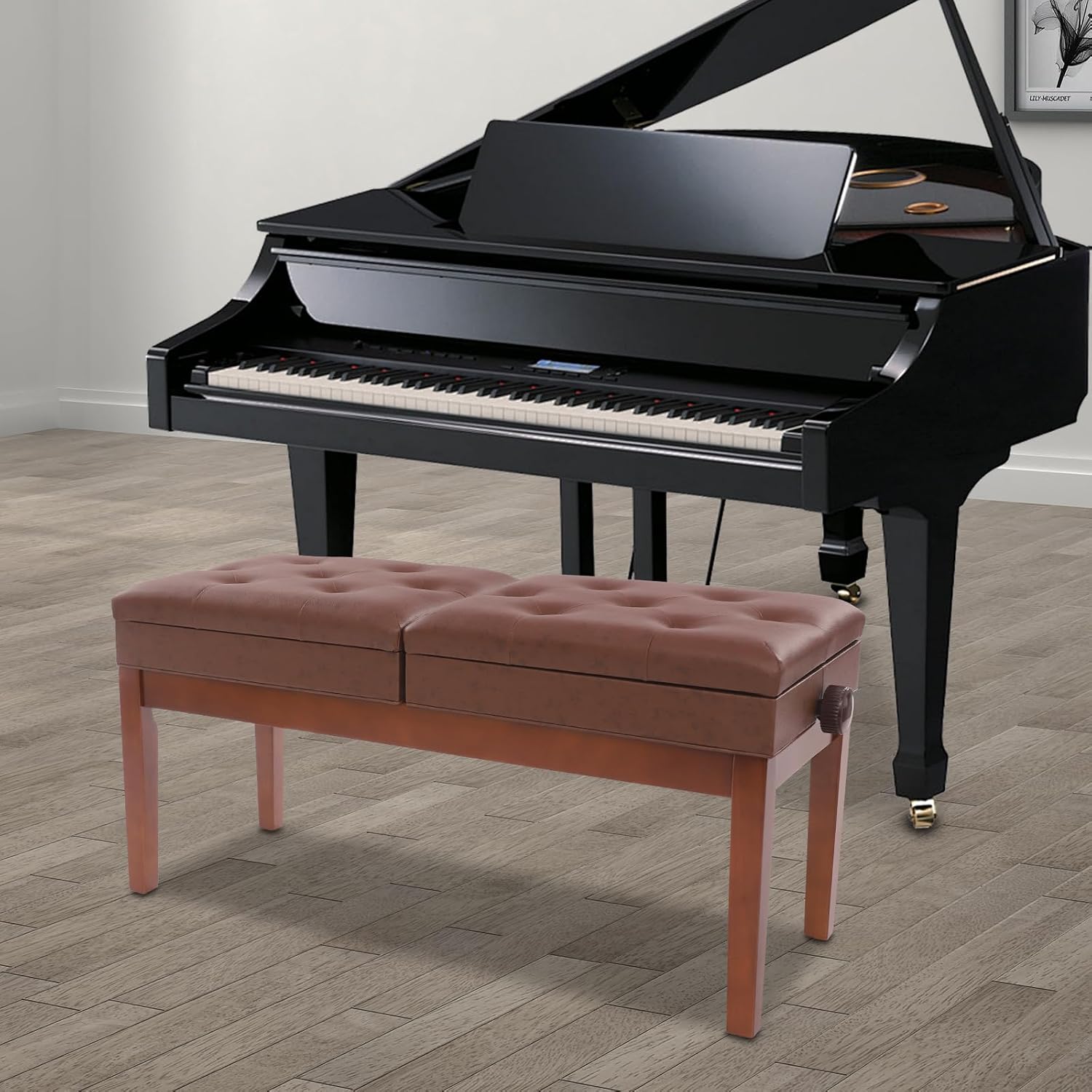Adjustable Duet Piano Bench with Storage, Wood Keyboard Stool with PU Leather Padded Cushion, Double Seater Piano Chair with High-Density Sponge for Piano, Vanity, Living Room (Brown)
