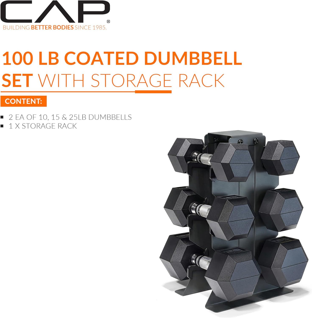CAP Dumbbell Set with Rack, Rubber Coated Hex Free Weight Set | 100–300 lb Options, Vertical Space-Saving Storage for Home Gym Strength Training