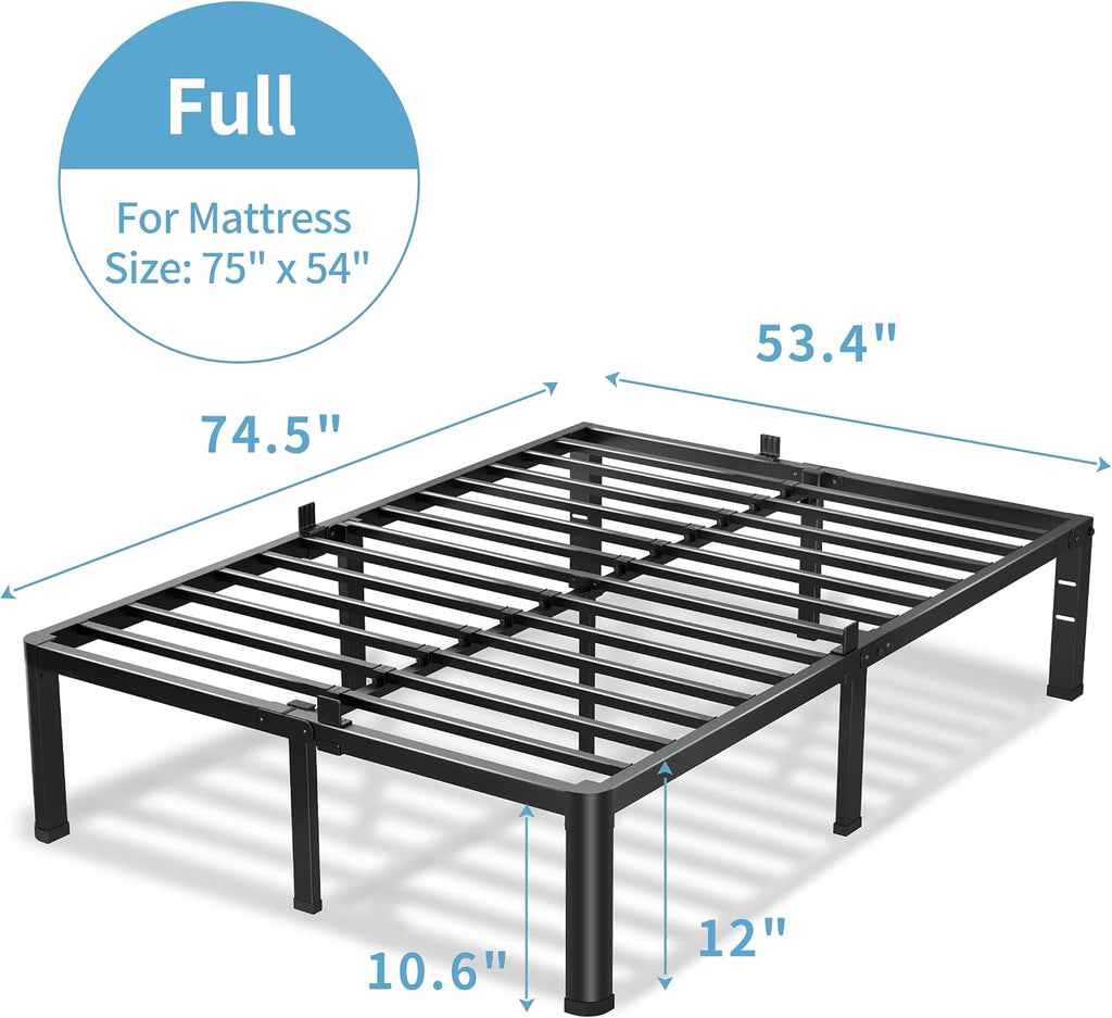 VIPSHOW 12 Inch Full Size Bed Frame, 3500Lbs Heavy Duty Metal Platform with Round Corner Legs Mattress Slide Stopper, Steel Slat Support No Box Spring Needed, Noise Free, Non-Slip, Easy Assembly