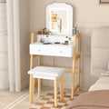 CHARMAID Small Vanity Desk with Mirror and Lights, White Makeup Vanity Desk with 3 Drawers, Adjustable Heights, 3 Color Lighting Modes, Compact Bedroom Dressing Table with Stool for Small Space