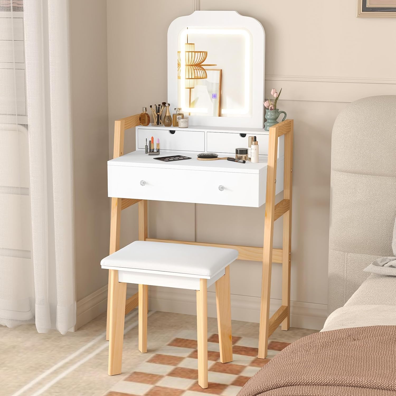 CHARMAID Small Vanity Desk with Mirror and Lights, White Makeup Vanity Desk with 3 Drawers, Adjustable Heights, 3 Color Lighting Modes, Compact Bedroom Dressing Table with Stool for Small Space