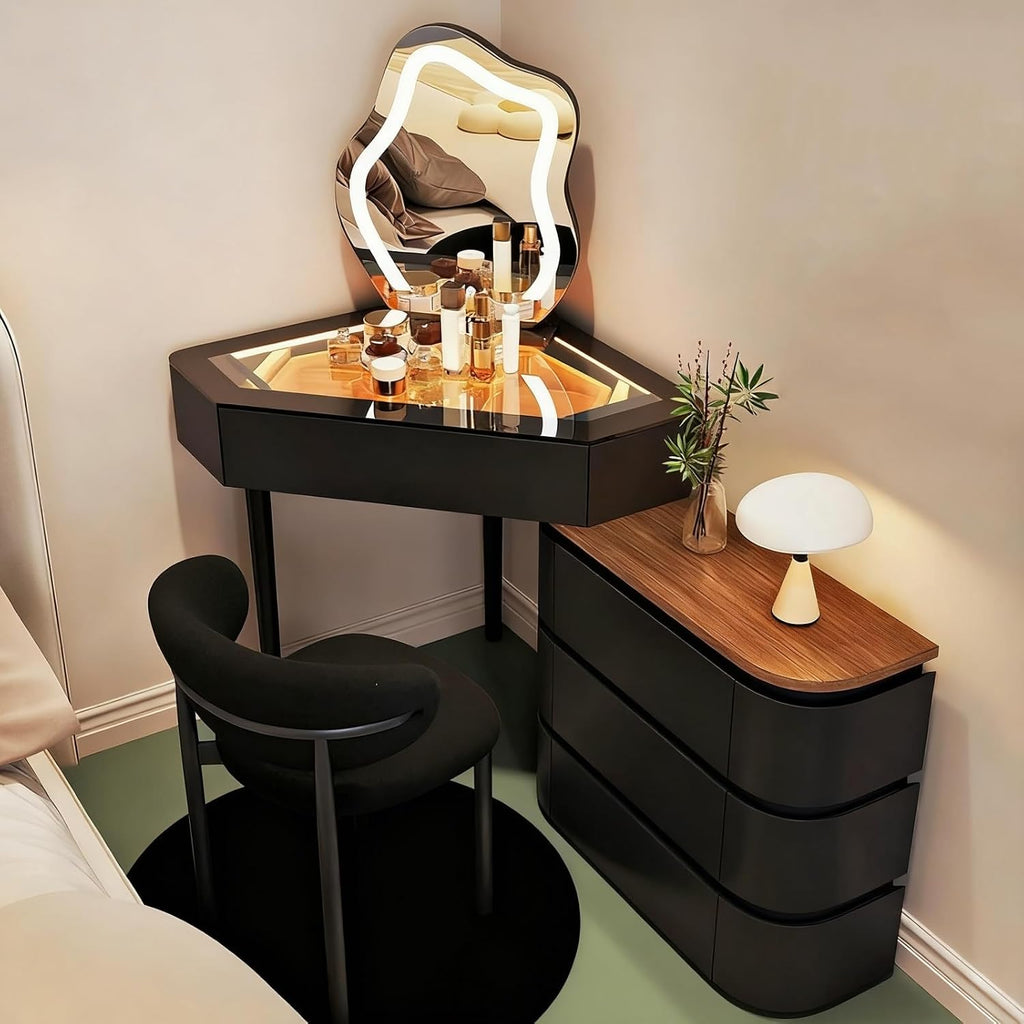 Corner Makeup Vanity Desk, Large Dressing Table with Drawers & Tempered Glass Top, Jewelry Organizers, Solid Wood Writing Desk for Bedroom, Living Room(Black,60cm)