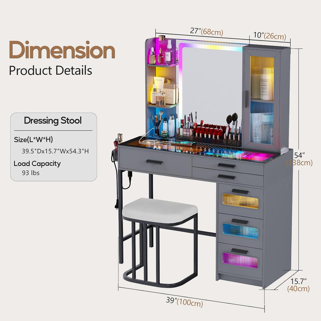 Grey Makeup Vanity Desk with Mirror and Lights,Vanity Table Set with Charging Station, Dressing Table with RGB Cabinets,Girls Vanity with Makeup Organizer and Drawers
