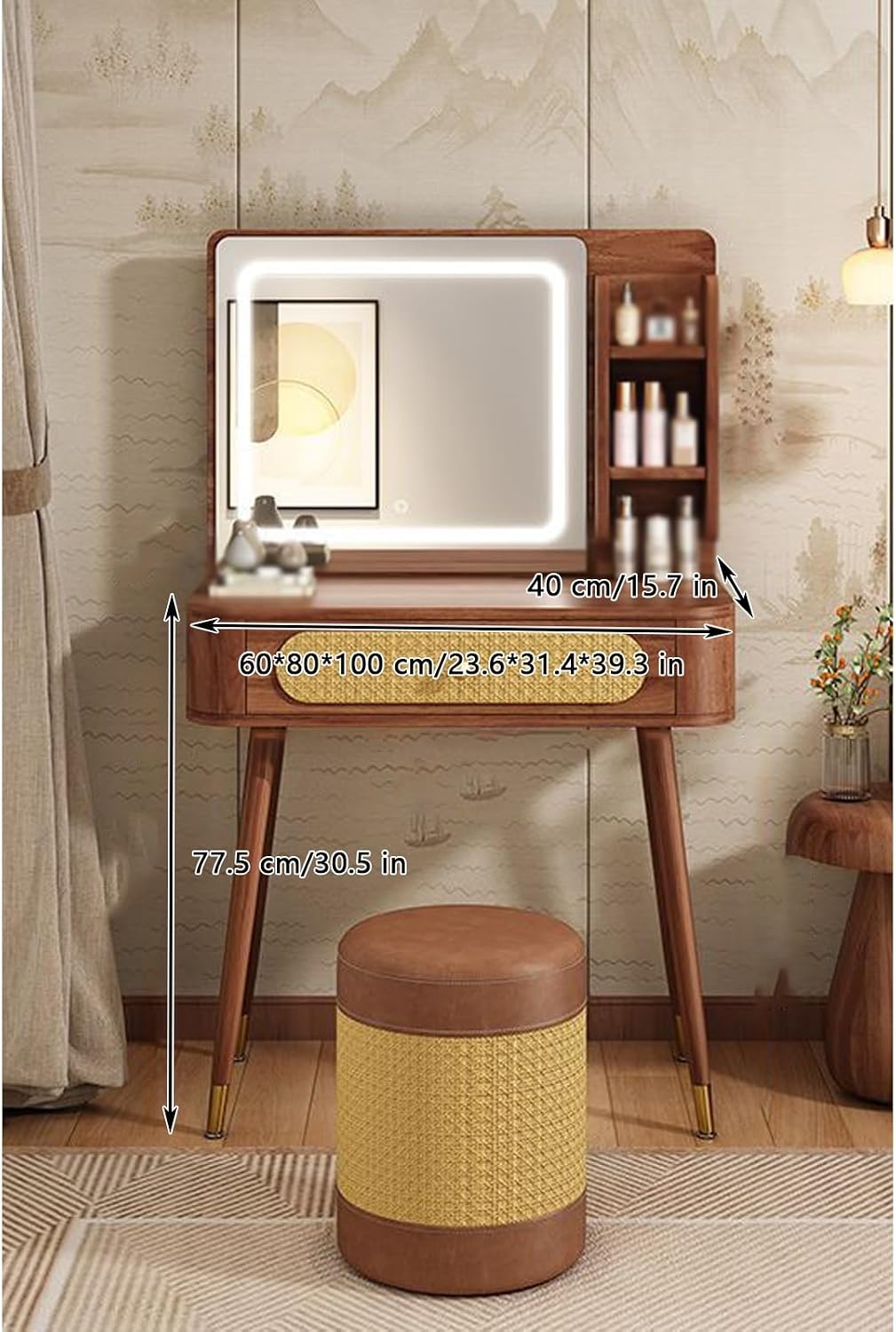Vanity Desk with Mirror and Lights Small Vanity Desk White Vanity with Lighted Mirror Reasonable partition Rounded Corner Design Spacious countertop Thick Panel Suitable,A-60 * 40 * 77.5 cm
