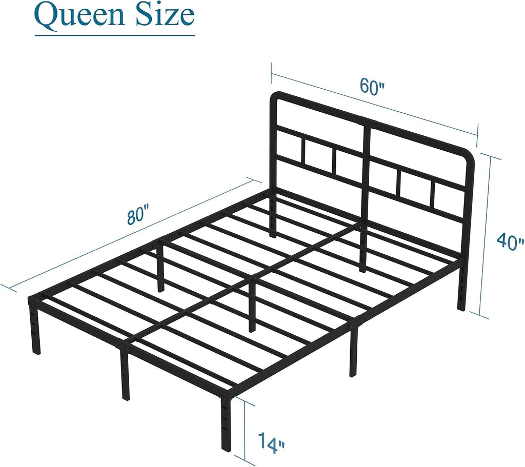 DiaOutro 14 Inch Queen Bed Frame with Headboard No Box Spring Needed, Heavy Duty Metal Queen Size Platform with Steel Slat, Mattress Foundation, Easy Assembly, Noise Free, Black