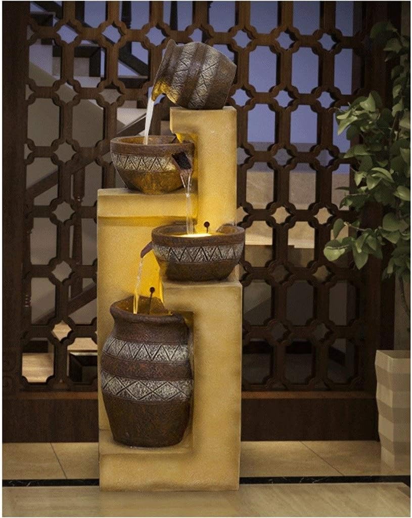 Water Fountain Cascading Resin-Rock Tabletop Fountain Indoors and Outdoors Water Feature Waterfall with LED Lights and Pump Decorative Fountain for Living Room Office Gardens Patios