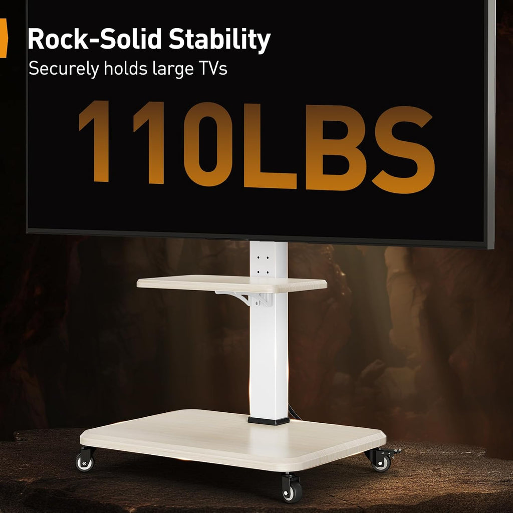 Perlegear Mobile TV Stand with Power Outlet, Tilt & Swivel Rolling TV Cart for 32-75 inches TVs up to 110 lbs, Height Adjustable Rolling TV Stand White with Wheels, Max VESA 600x400mm, PGTVMC17W