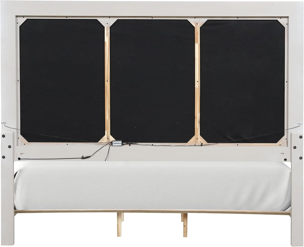 Furniture of America Bailer Modern Solid Wood 3-Piece Bedroom Set with LED on Headboard, Stainless Steal Posts and Marble Top on Nightstand, Box Spring Needed, Queen, Weathered Gray