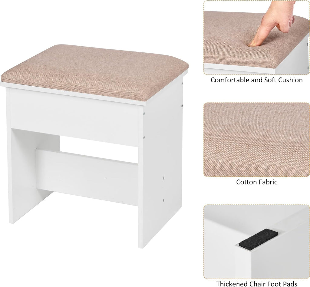 ANWBROAD Makeup Vanity Desk Vanity Set with 10 LED Bulbs Lighted Mirror Makeup Vanity Table Set with Charging Station Nightstand 3 Colors Modes Dimming Cushioned Stool Large Mirror White UBDT53W