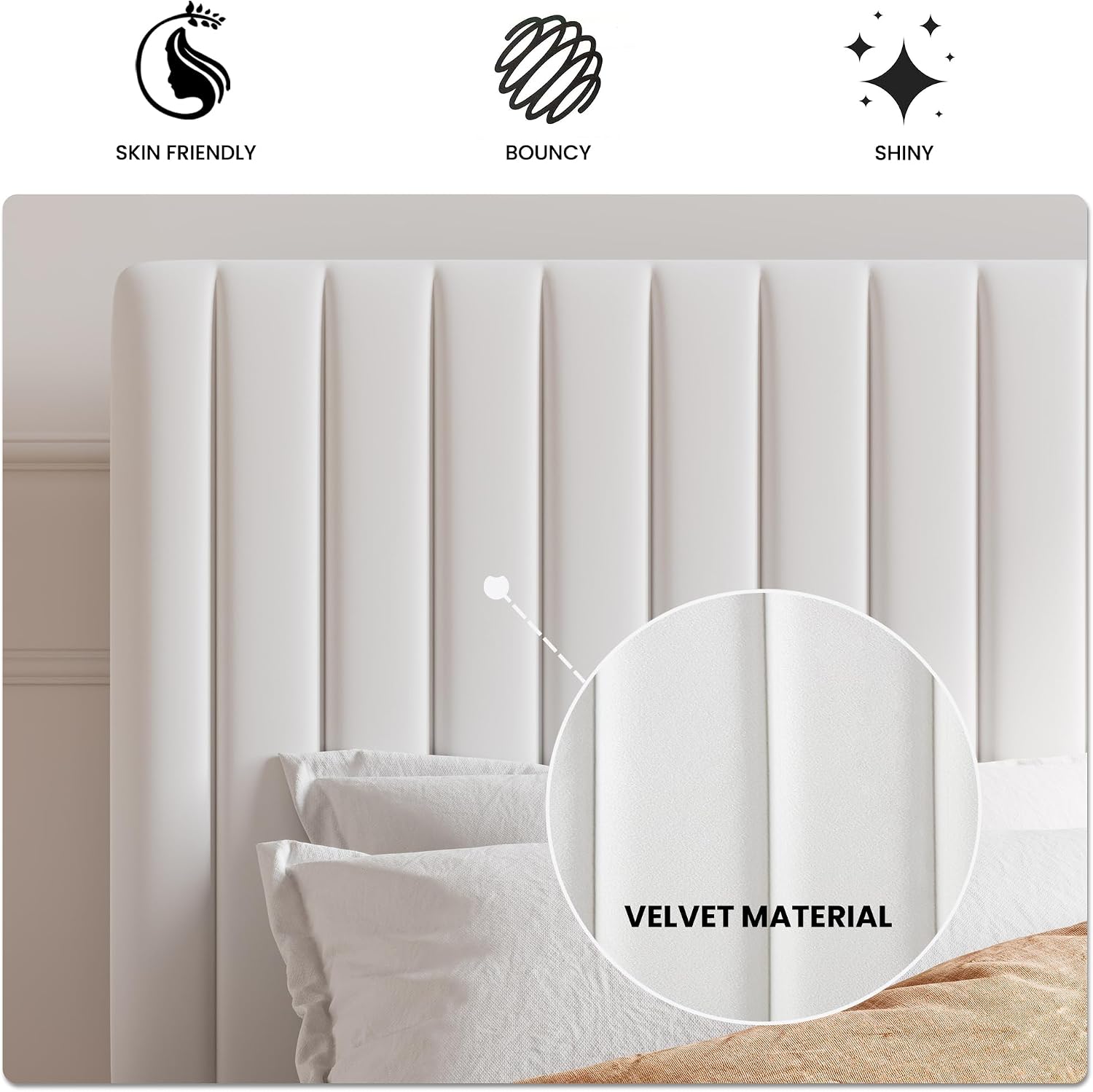 SHA CERLIN King Upholstered Platform Bed Frame with Vertical Channel Tufted Velvet Fabric Adjustable Headboard, Wooden Slats Support, Mattress Foundation, Box Spring Optional, White
