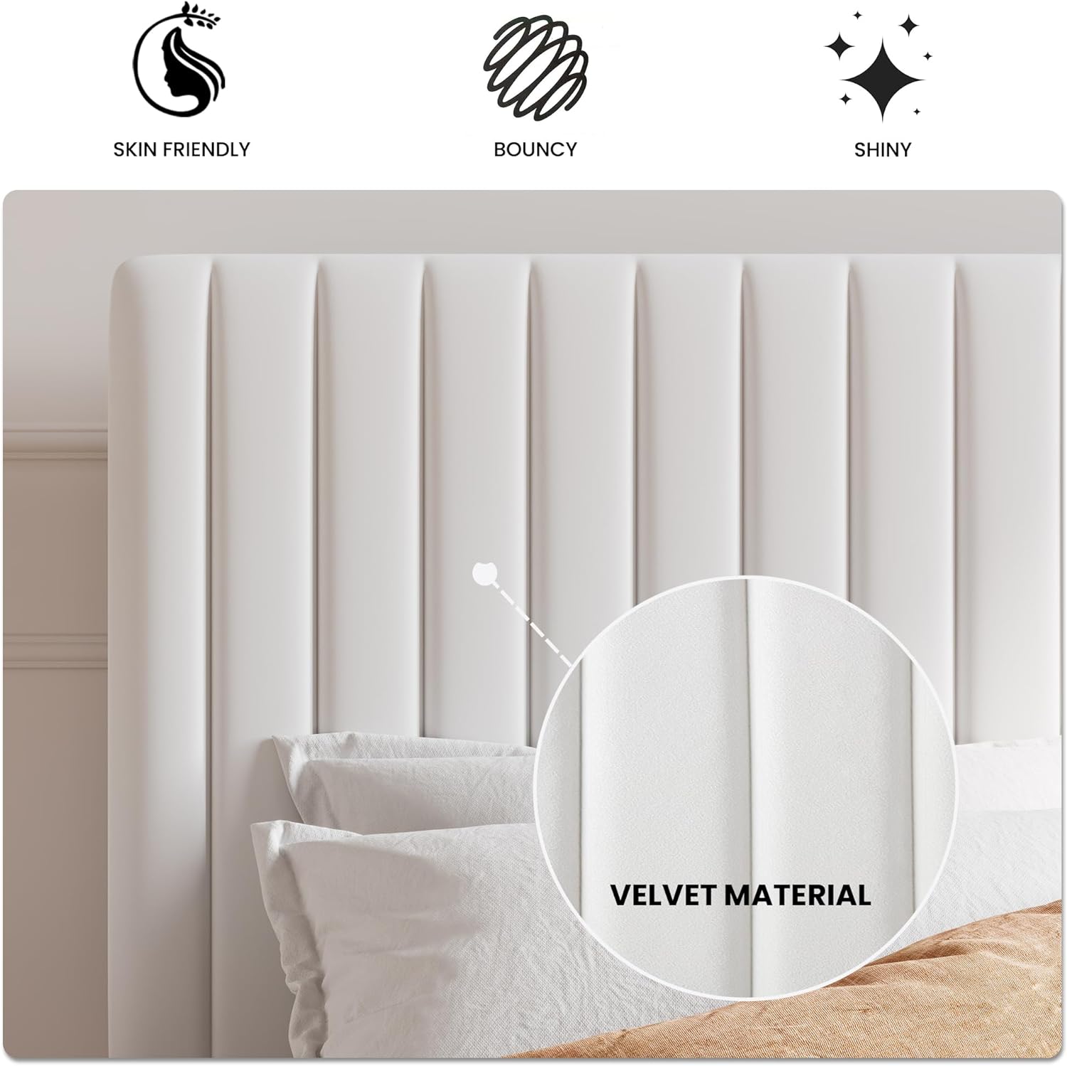 SHA CERLIN Queen Upholstered Platform Bed Frame with Vertical Channel Tufted Velvet Fabric Adjustable Headboard, Wooden Slats Support, Mattress Foundation, Box Spring Optional, White