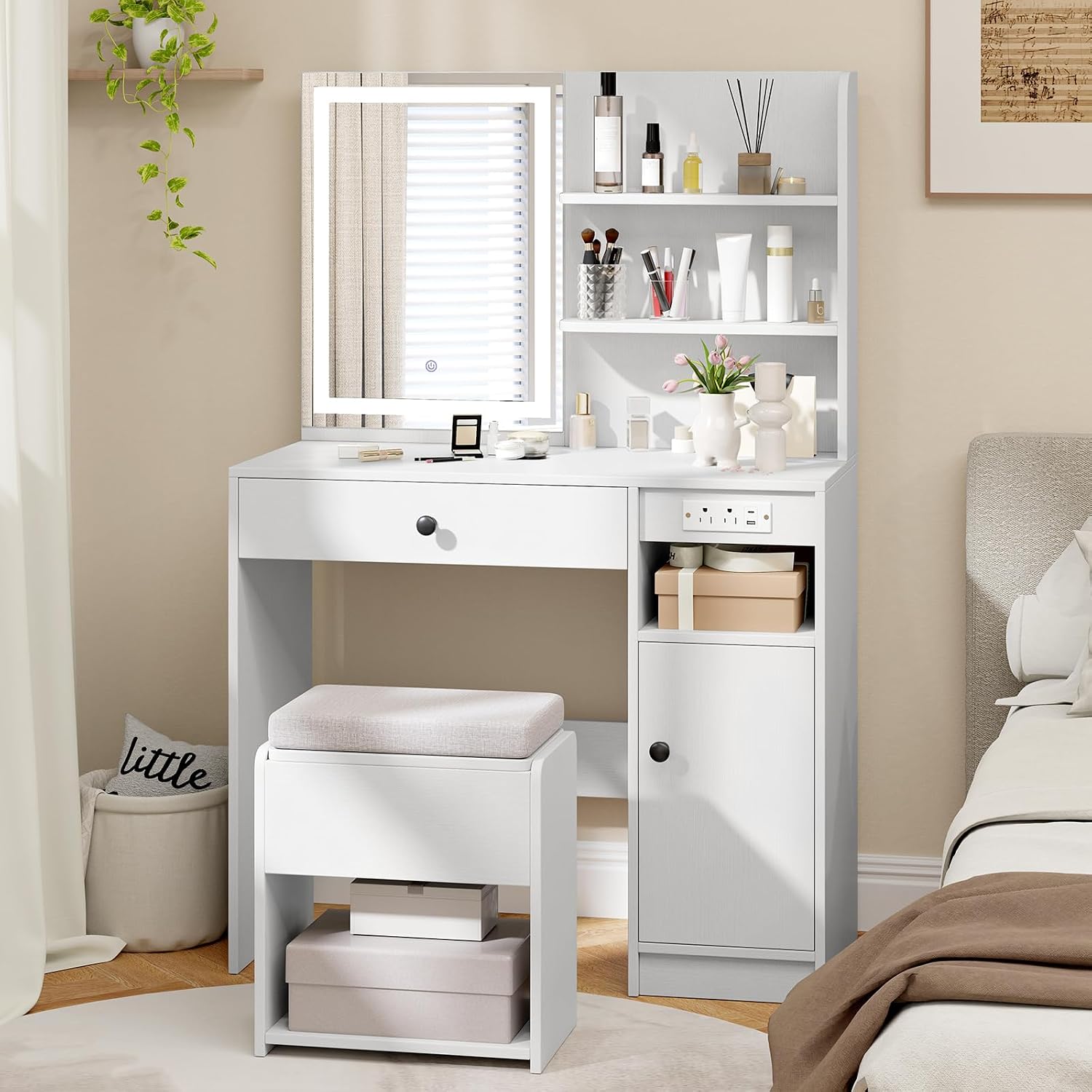 GOFLAME Makeup Vanity Set with Mirror and Lights, Vanity Desk with Charging Station, Storage Stool, 3-Color Lights, Drawer, Cabinet, Adjustable Shelf, Modern Dressing Table and Chair Set (White)