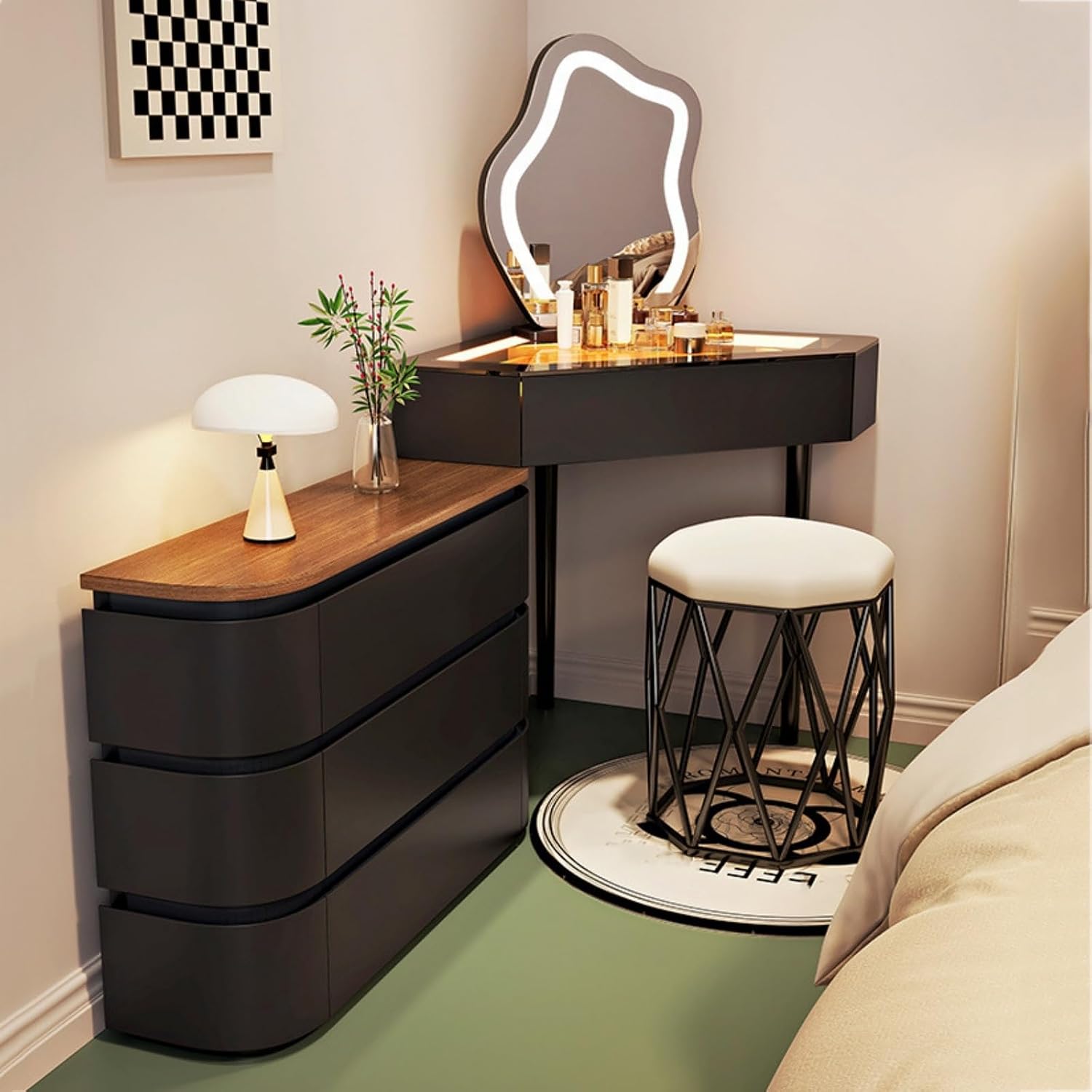 Modern L-Shaped Vanity Table, Makeup Vanity with Drawers & Side Cabinet, Corner Vanities Desk, Dressing Table Set, Jewelry Organizers, Solid Wood Storage Shelves for Bedroom(Black,60cm)